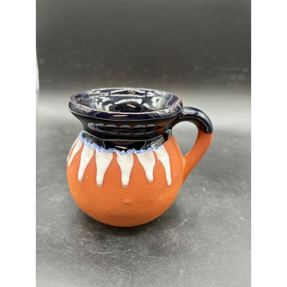Mexican Terracotta Mug Cobalt Blue Glazed Rim White Drip Clay Jarrito Mini Cup